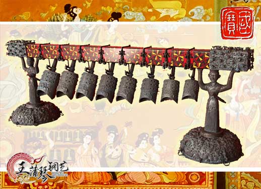 8件古編鐘，銅人銅座裝飾，可發(fā)音